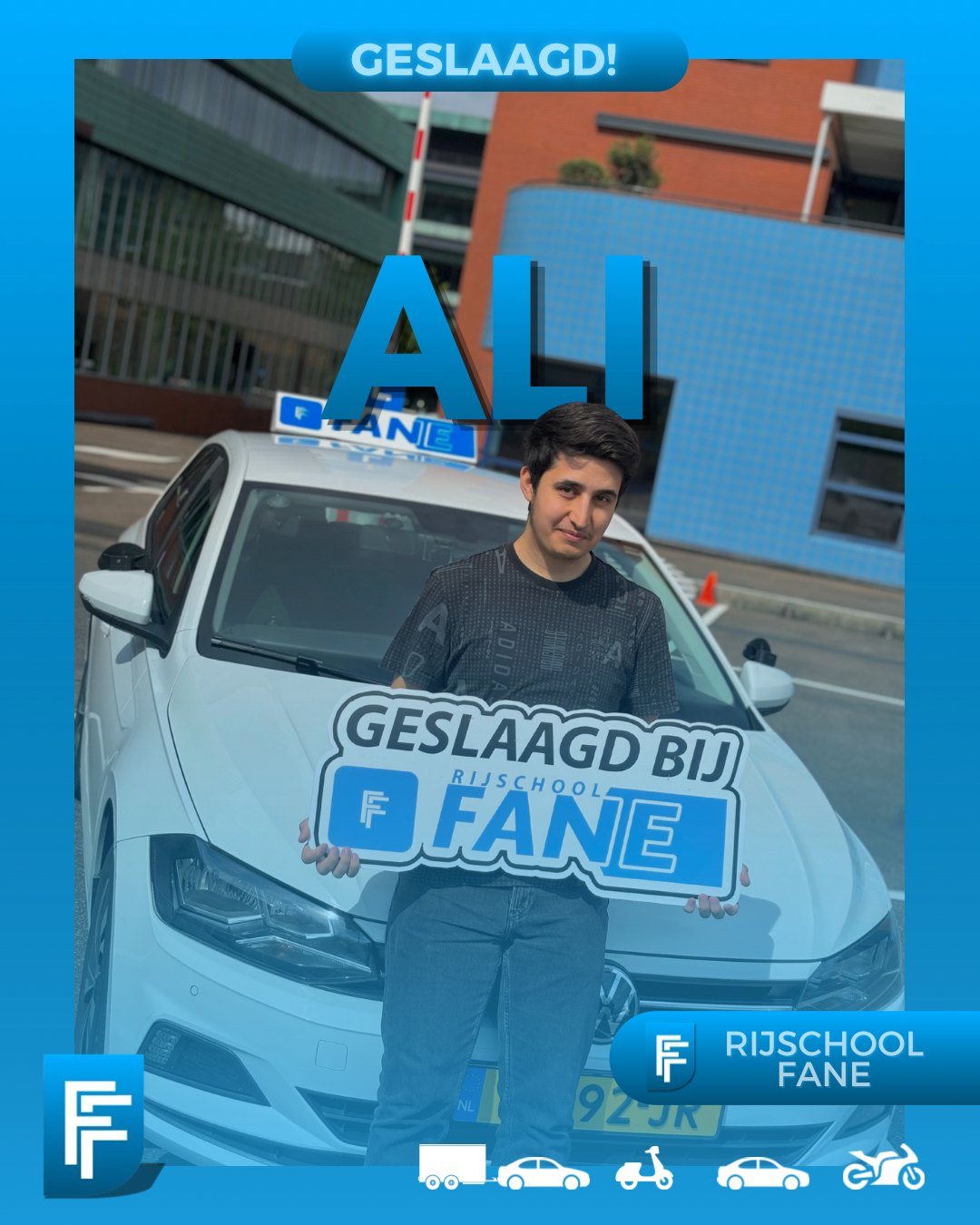 Ali Y. uit Den Haag, geslaagd voor het autorijbewijs B bij Rijschool Fane in mei 2024