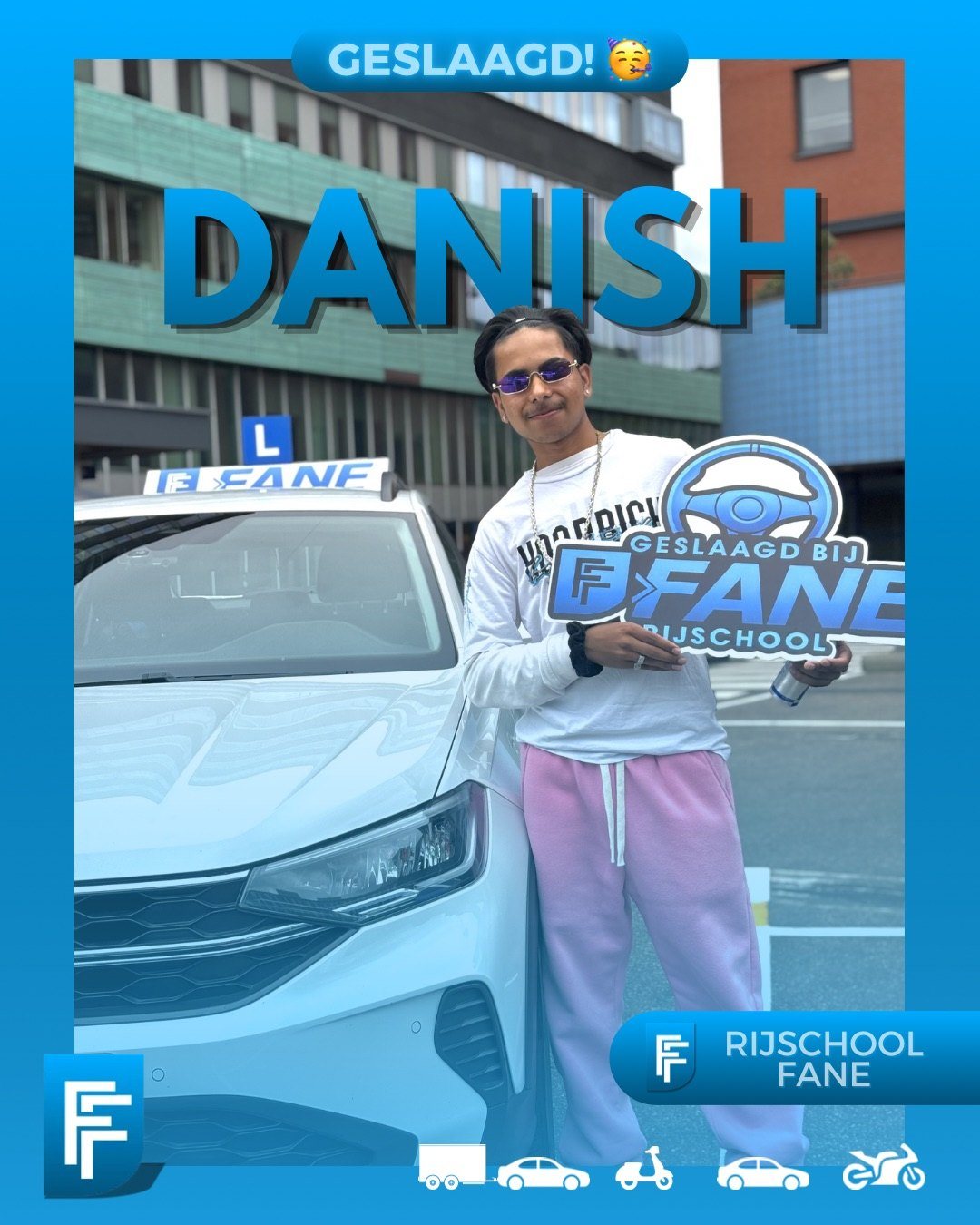 Danish G. uit Pijnacker, geslaagd voor het autorijbewijs B bij Rijschool Fane in juni 2026