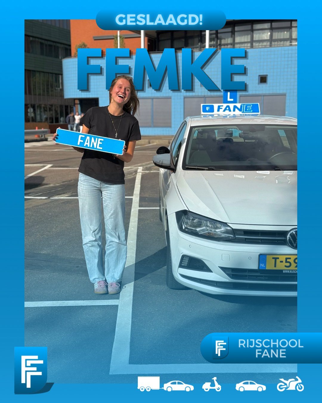 Femke J. uit Delft, geslaagd voor het autorijbewijs B bij Rijschool Fane in september 2025