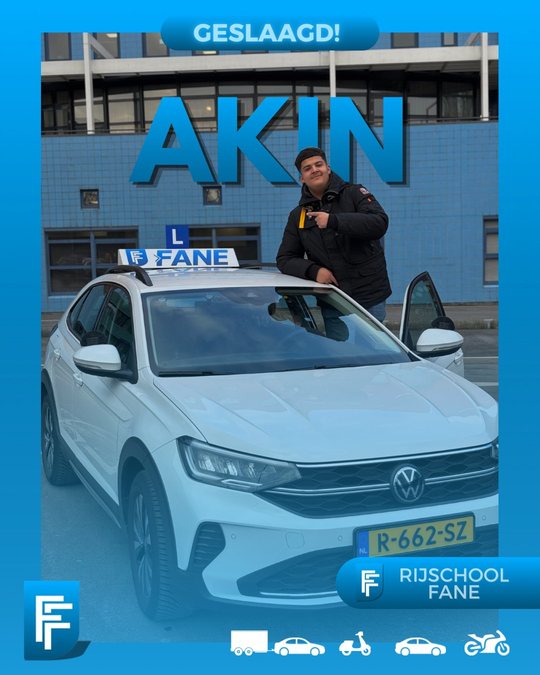 Akin Y. uit Den Haag, geslaagd voor het autorijbewijs B bij Rijschool Fane in februari 2025
