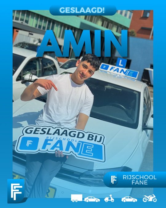 Amin L. uit Rijswijk, geslaagd voor het autorijbewijs B bij Rijschool Fane in mei 2024