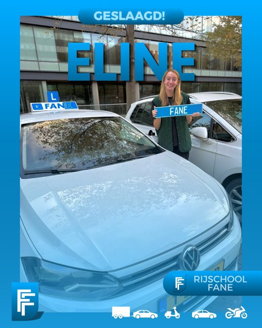 Eline M. uit Delft, geslaagd voor het autorijbewijs B bij Rijschool Fane in oktober 2025