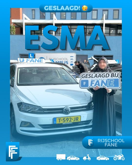 Esma A. uit Wateringen, geslaagd voor het autorijbewijs B bij Rijschool Fane in september 2026