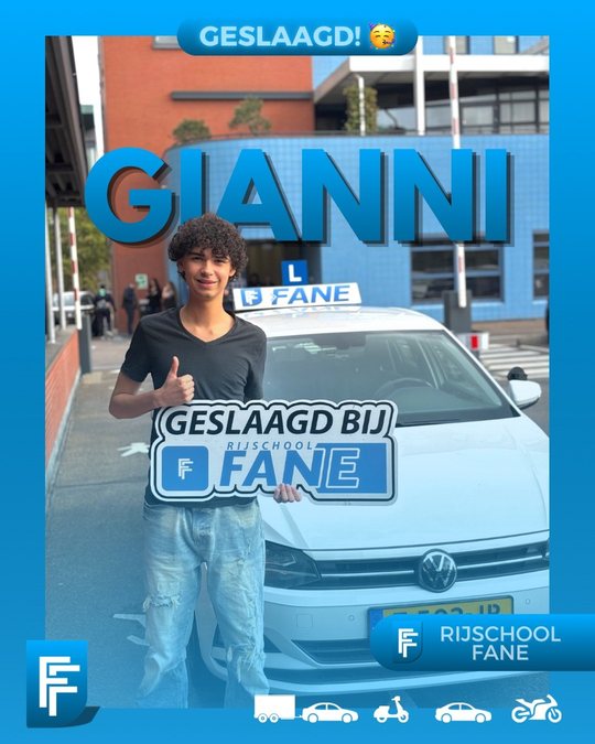 Gianni H. uit Rijswijk, geslaagd voor het autorijbewijs B bij Rijschool Fane in september 2026