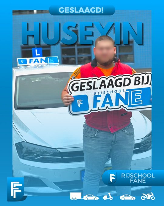 Huseyin A. uit Wateringen, geslaagd voor het autorijbewijs B bij Rijschool Fane in augustus 2024