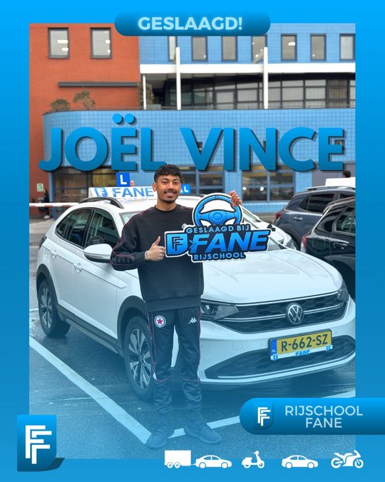 Joël Vince P. uit Den Haag, geslaagd voor het autorijbewijs B bij Rijschool Fane in februari 2026