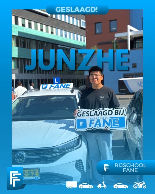 Junzhe Y. uit Voorburg, geslaagd voor het autorijbewijs B bij Rijschool Fane in augustus 2025