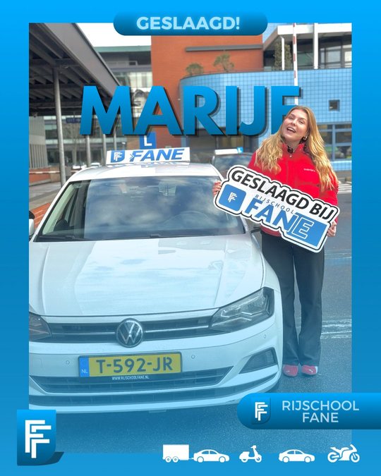 Marije B. uit Delft, geslaagd voor het autorijbewijs B bij Rijschool Fane in november 2025