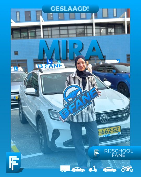 Mira E. uit Den Haag, geslaagd voor het autorijbewijs B bij Rijschool Fane in maart 2026