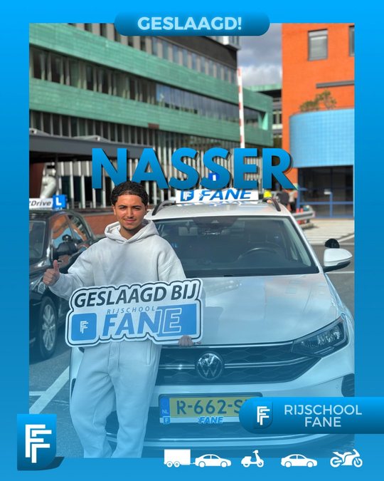 Nasser B. uit Ypenburg, geslaagd voor het autorijbewijs B bij Rijschool Fane in oktober 2025