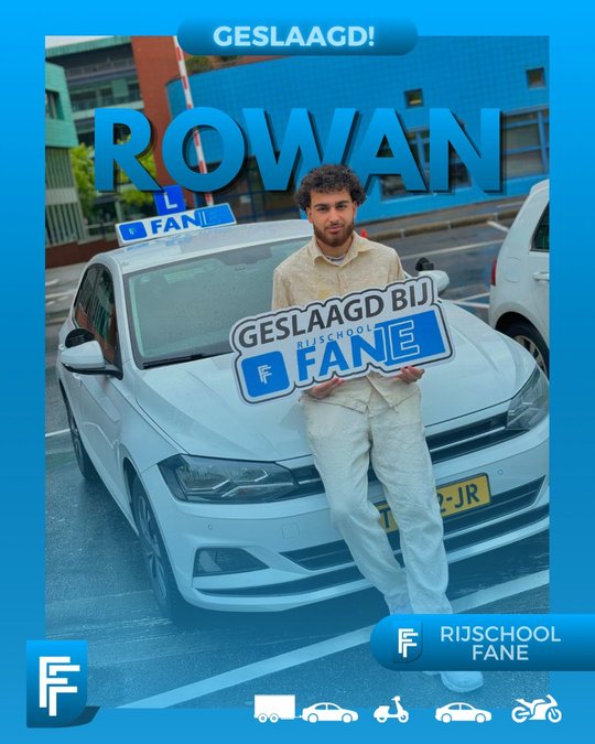 Rowan A. uit Den Haag, geslaagd voor het autorijbewijs B bij Rijschool Fane in mei 2024