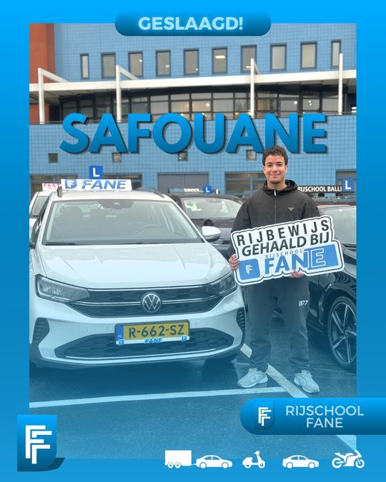 Safouane B. uit Wateringen, geslaagd voor het autorijbewijs B bij Rijschool Fane in januari 2026
