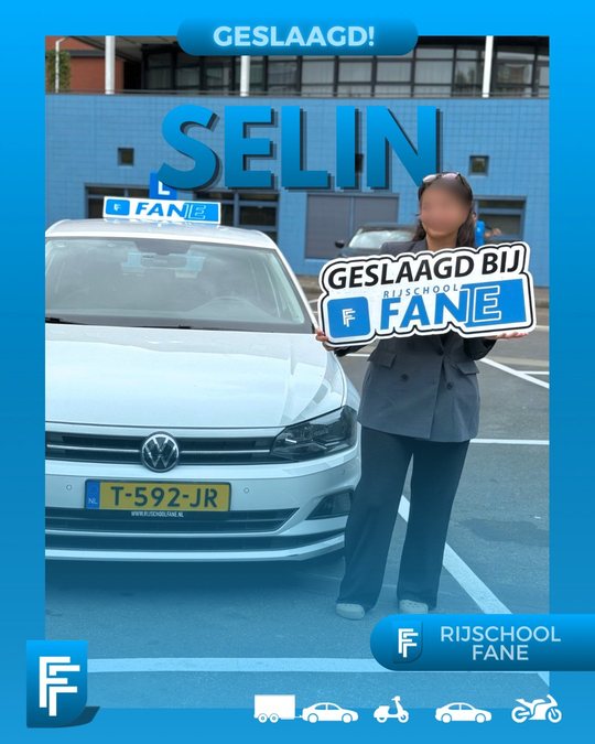 Selin D. uit Den Haag, geslaagd voor het autorijbewijs B bij Rijschool Fane in augustus 2025