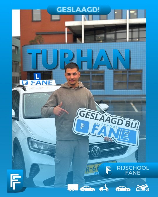 Turhan G. uit Wateringen, geslaagd voor het autorijbewijs B bij Rijschool Fane in april 2025