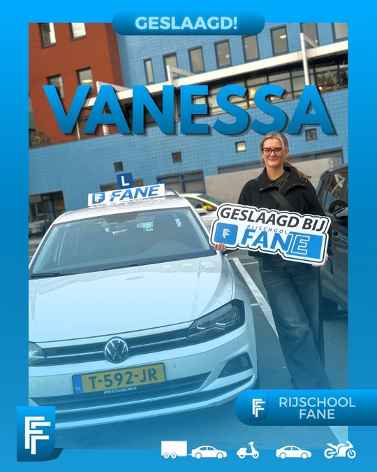 Vanessa M. uit Amsterdam, geslaagd voor het autorijbewijs B bij Rijschool Fane in december 2025