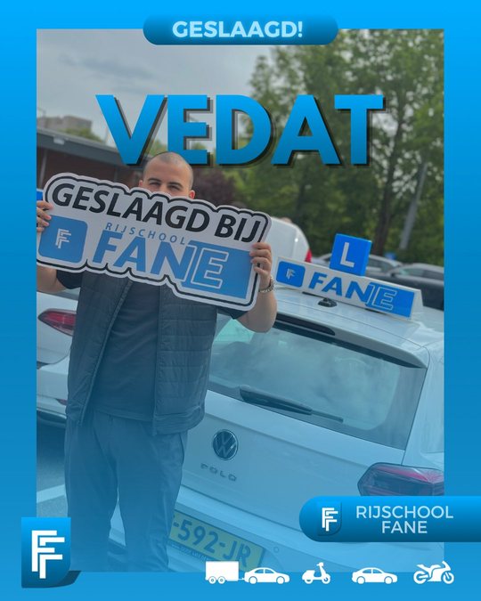 Vedat B. uit Den Haag, geslaagd voor het autorijbewijs B bij Rijschool Fane in juli 2024