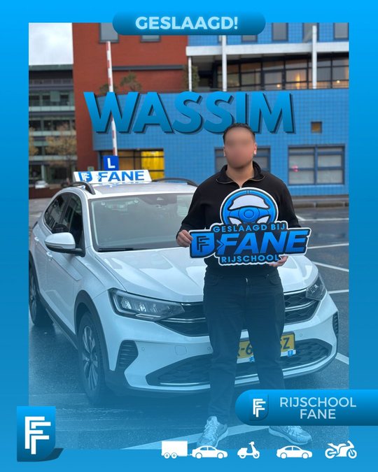 Wassim B. uit Rijswijk, geslaagd voor het autorijbewijs B bij Rijschool Fane in oktober 2025
