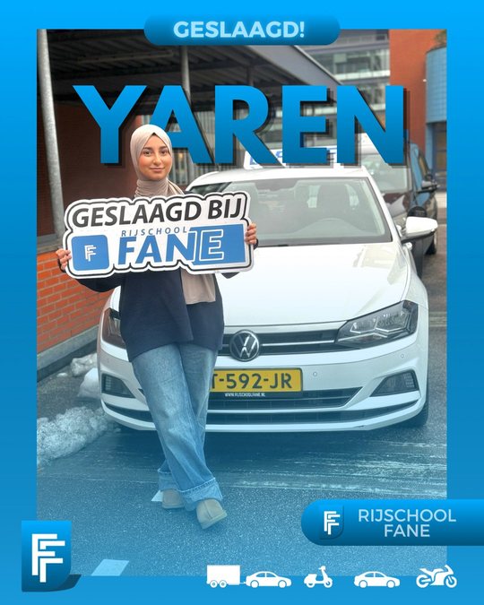 Yaren N. uit Wateringen, geslaagd voor het autorijbewijs B bij Rijschool Fane in januari 2026