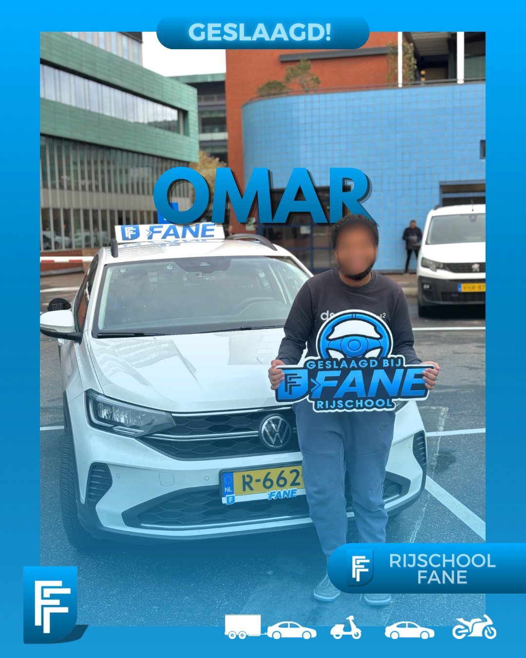 Omar T. uit Den Haag, geslaagd voor het autorijbewijs B bij Rijschool Fane in oktober 2025