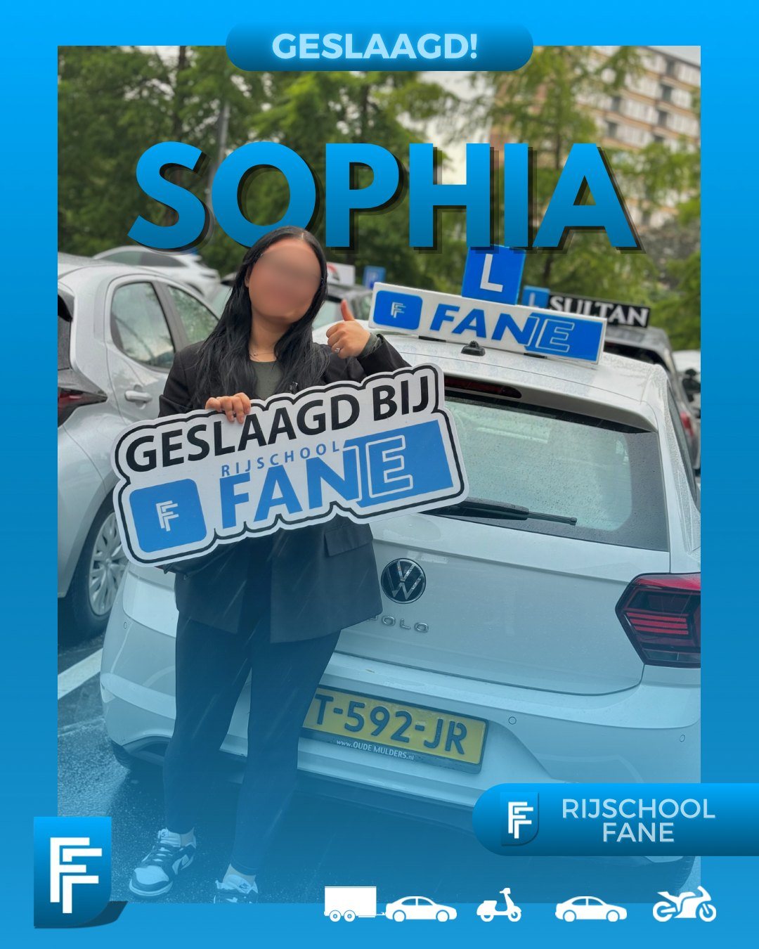 Sophia B. uit Leidschendam, geslaagd voor het autorijbewijs B bij Rijschool Fane in juli 2024