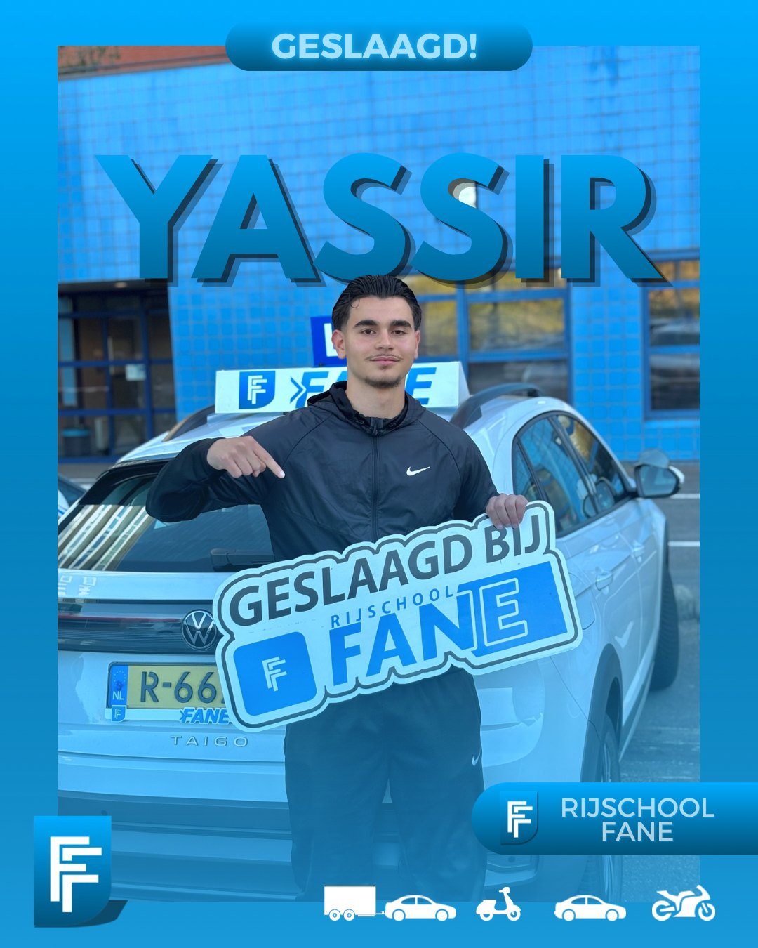 Yassir J. uit Rijswijk, geslaagd voor het autorijbewijs B bij Rijschool Fane in april 2025